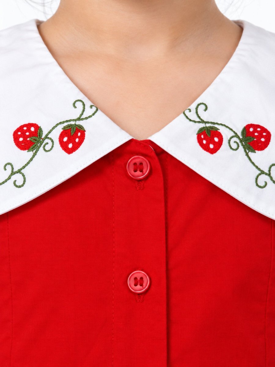 Girls Red Strawberry Embroidered Cotton Poplin Top & Shorts Set - Pogoloom