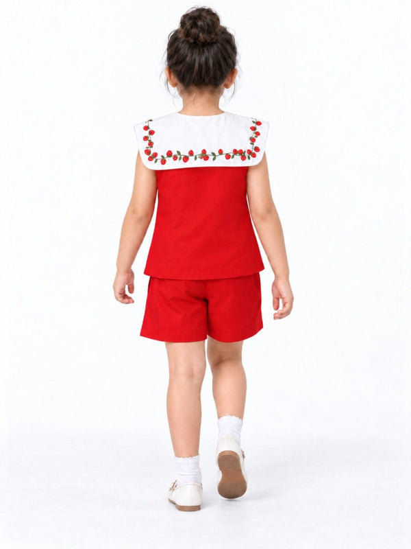 Girls Red Strawberry Embroidered Cotton Poplin Top & Shorts Set - Pogoloom