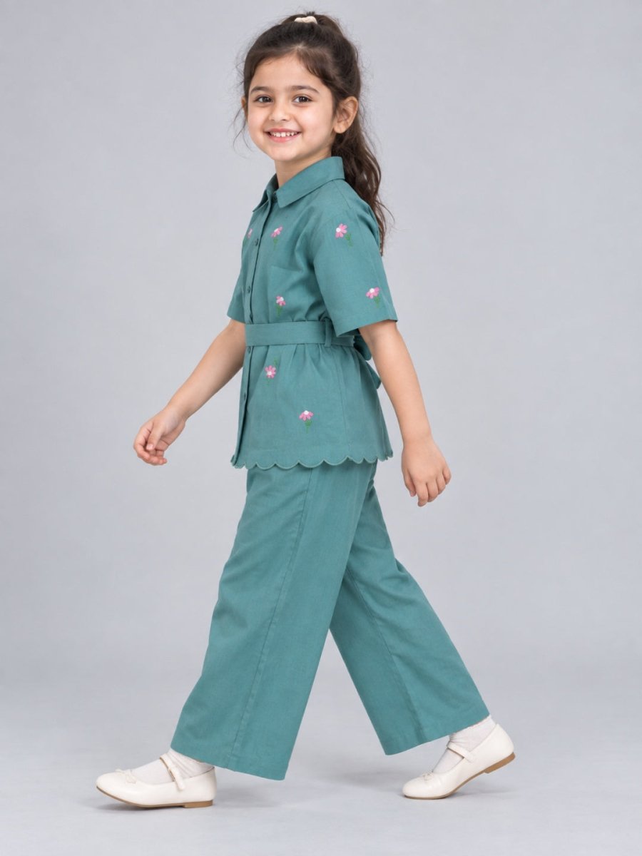 Girls Sea-Green Embroidered Cotton Linen Shirt & Trouser Co-ord Set - Pogoloom