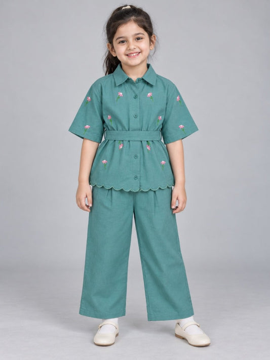 Girls Sea-Green Embroidered Cotton Linen Shirt & Trouser Co-ord Set - Pogoloom