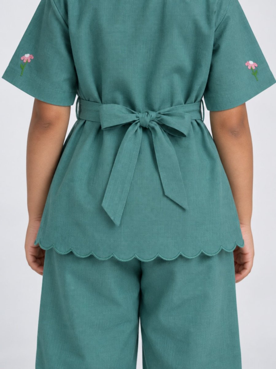 Girls Sea-Green Embroidered Cotton Linen Shirt & Trouser Co-ord Set - Pogoloom