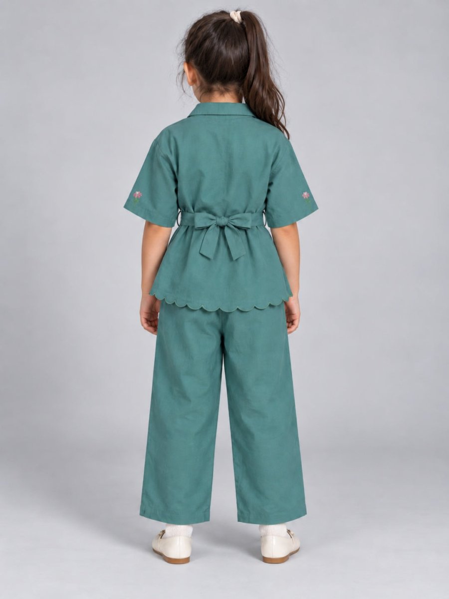 Girls Sea-Green Embroidered Cotton Linen Shirt & Trouser Co-ord Set - Pogoloom