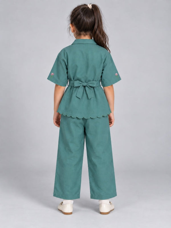 Girls Sea-Green Embroidered Cotton Linen Shirt & Trouser Co-ord Set - Pogoloom