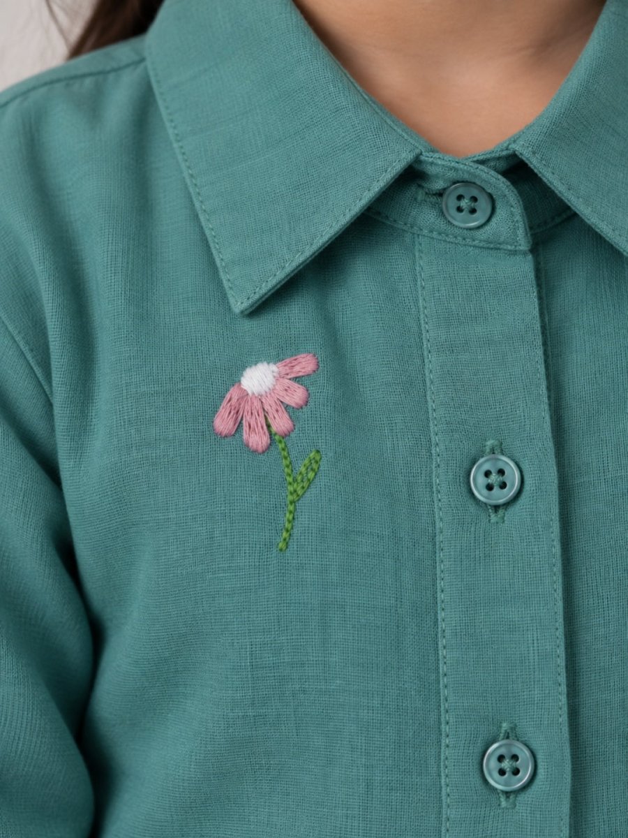 Girls Sea-Green Embroidered Cotton Linen Shirt & Trouser Co-ord Set - Pogoloom